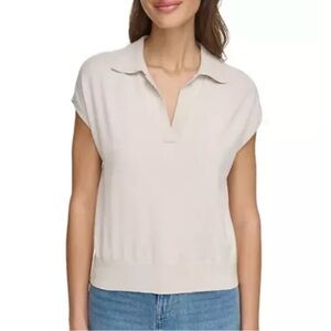 DKNY Knit Top Cap Sleeves Off White V-Neck Collared Pit to Pit 22” Size L